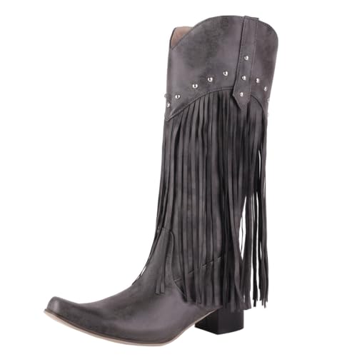 Image of KiutSymo Mid Calf Fringe Boots For Women Cowboy Pointed Toe Chunky Heels Cowgirl Western Tassel Boots