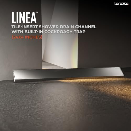 Image of Lorazzo Linea Tile-Insert SS304 Shower Drain Channel 24x4 Inch | Built-in Cockroach Trap | Stainless Steel Floor Drain | Silver Finish | Bathroom Shower Drain | 10 Year Warranty