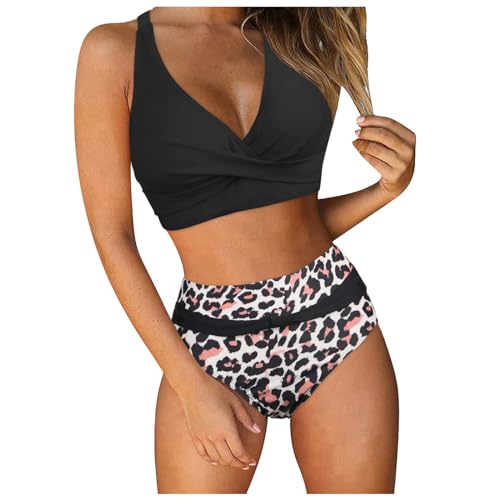 Generisch Bikini Damen Set Push Up High Waist Bauchweg Retro Bikinis für Damen mit V-Ausschnitt und Blumenmuster Zweiteiliger Cross Back Bademode Bauchkontrolle Bikini Sets Swimsuit Strandbikini