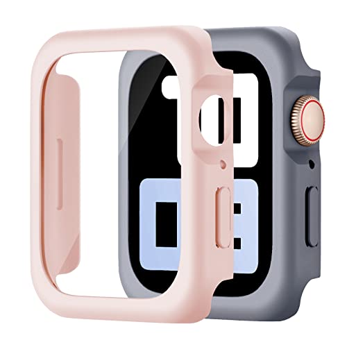 Recoppa compatible for Apple Watch Screen Protector 45mm with Sensitive Slim Tempered Glass,Newest Colorful TPU Cases Protective Covers for iWatch Series 7 BlueGrey/SandPink 45mm 2 pack