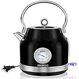 Wasserkocher Edelstahl Retro , Wasserkocher Mit Thermometer 1,7L, BPA frei, Wasser Teekocher mit Kalkfilter Automatische Abschaltung Kochtrockenschutz Vintage Wasserkocher Kabelloser (Schwarz-1)