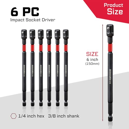 Image of Geinxurn 6Pcs Impact Socket Adapter Set, 3 /8 inch Drive Square, 6Inches Extension Bit Socket Driver Set, Adapt Your Power Drill to High Torque Impact Wrench