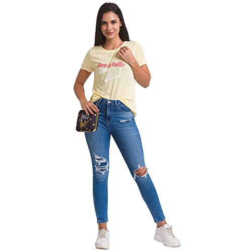 Image of Spykar Women's Cotton Printed Slim Fit T-Shirt