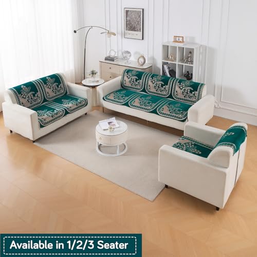 Image of HOKIPO Mehfil Teal Premium Chenille Jacquard Sofa Cover for 1 Seater for Seat & Back, 'Royal Aangan Series' (IN-1006-L7*2)