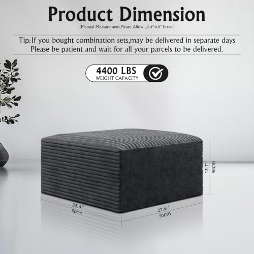 Image of 35.4 inch Corduroy Ottoman Foot Rest with Soft Memory Foam, Grey | Plush Pouf Compressed Footrest, Floor Foot Stool for Living Room, No Assembly Require