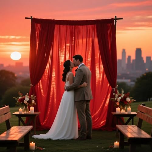 Image of 10ft x 10ft Red Backdrop Curtains for Parties, Polyester Fabric Backdrop Drapes with Rod Pockets for Weddings, Birthday, Halloween, Photography, Christmas Party Background Curtain, 2 Panels