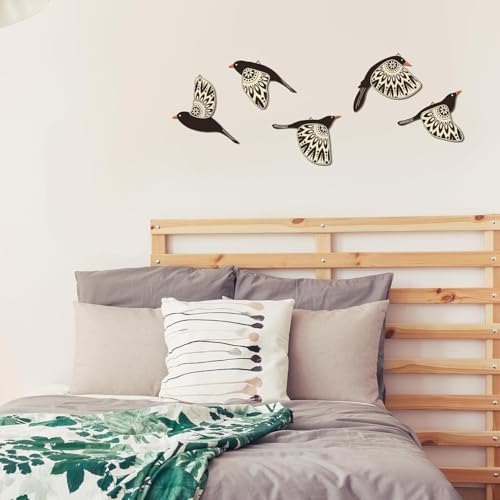 Image of SAF Wooden 3D 5 Pieces Birds on Rope Wall Art Panel | Wood Bird Folk Art Wall Hanging Art Decoration Item for Living Room, Bedroom, Drawing Room, Dining Room & Office (Black) (Multicolour)