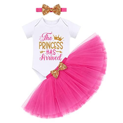 Image of Newborn Coming Home from Hospital Outfit: Baby Girl Romper Tulle Tutu Skirt Headband 1st Birthday Cake Smash Photoshoot New Born Infant Clothes Full Set Pink Months