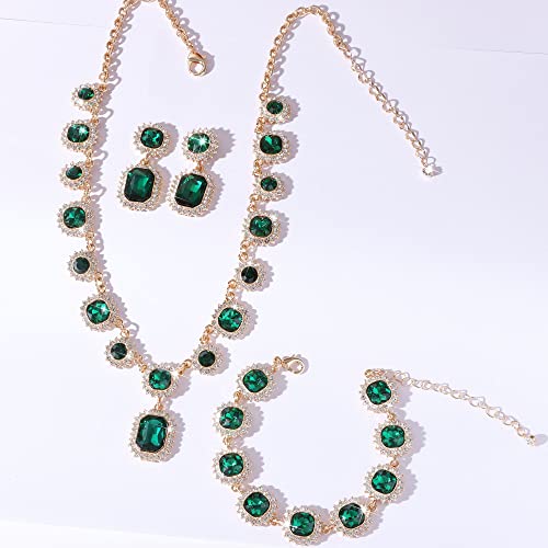 Uqvn Emerald Green Crystal Diamond Necklace Earrings Bracelet Jewelry Set For Women Gifts For Wife Mom Bride Bridesmaid Friend Sister #TOP3