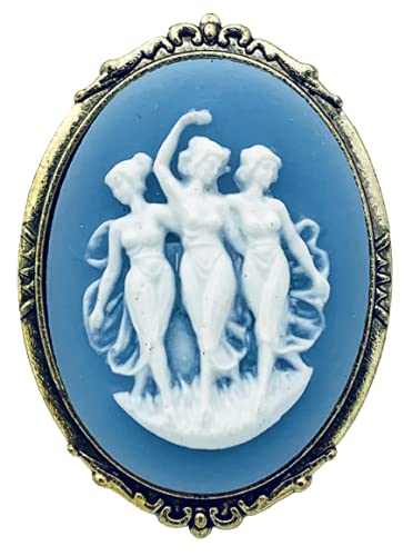 Blue and White Three Graces Cameo Brooch Resin Goldtone