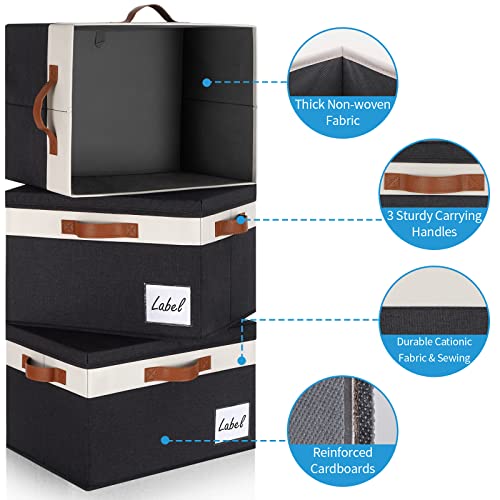 GhvyenntteS Extra Large Storage Bins with Lids, Foldable Fabric Storage Boxes with Lids and 3 Leather Handles, Storage Baskets with Label Window (6 Pack, Black, 15.75" x 11.8" x 10.2")