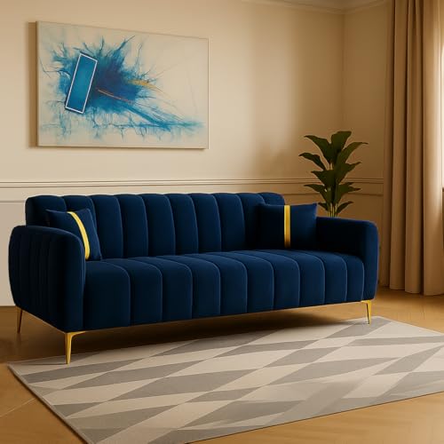 Image of FURNY Harmony 3 Seater Velvet Fabric Sofa Set (Blue) with Golden Finish Legs | Durable & Comfortable | Ideal for Living Room