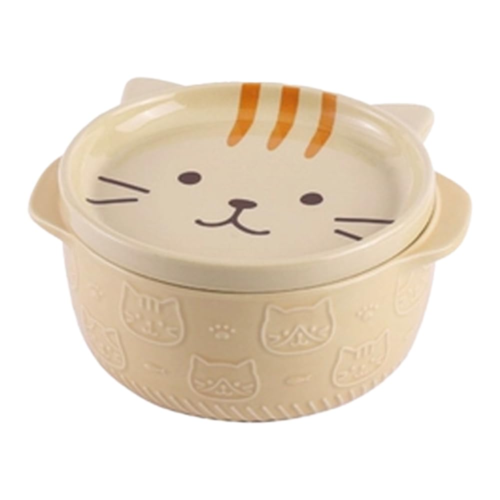 Japanese Style Ramen Bowl with Lid – Cute Animal Design, Ceramic Noodle Bowl with Cover (Ø15cm | H7.5cm) | Microwave, Oven, Dishwasher Safe (Yellow Cat)