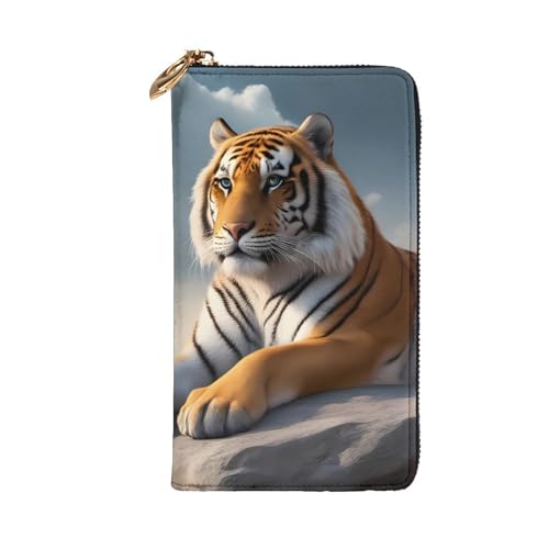 Majestic Tiger Resting on a Rock with Cloudy Sky Prints Leather Long Clutch Wallet for Fashionable Girls and Women - Durable, Stylish, and Functional, Black, One Size2