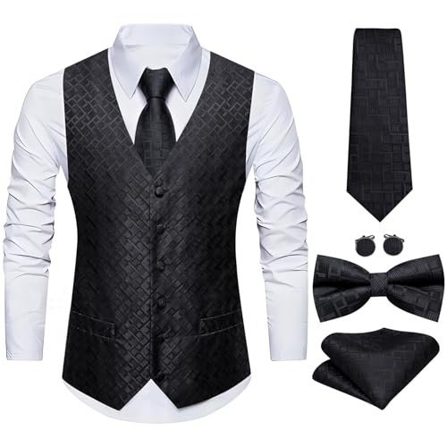 Image of Barry.Wang Men's Suit Vest Tie Bowtie Set Formal Silk Paisley Waistcoat Hanky Cufflinks Lapel Pin Set Wedding Party 7PCS