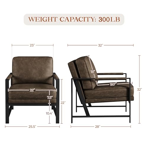 Image of Yaheetech Mid-Century Modern Accent Chairs Set of 2, Brown | Oversized Faux Leather Chair with Soft Cushion, Ergonomic 105 Back, Reading Chair for Living Room, Bedroom and Waiting Room