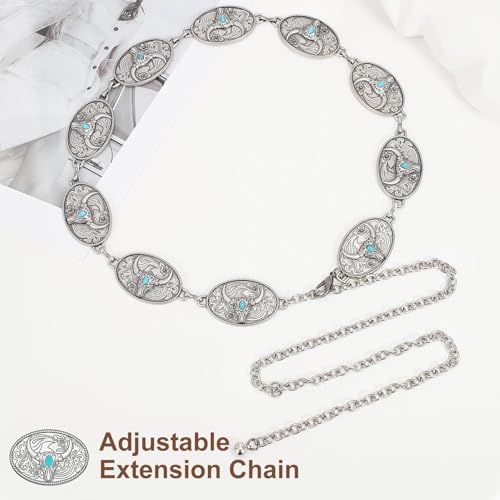 Image of WHIPPY Women Concho Chain Belt Metal Link Western Cowgirl Turquoise Chain Belt for Dress