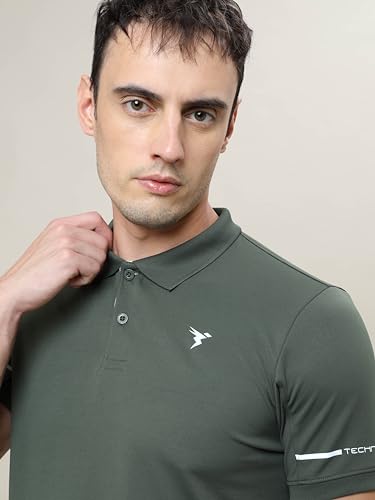 Image of TECHNOSPORT Men's Solid Slim Fit Polo Collar T-Shirt TECHNOCOOL+ Half Sleeve Button Polyester for Gym Running Workout UPF50+ Anti Odour