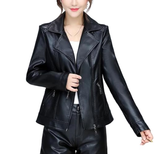 Women Sheepskin Leather Moto Jacket Long Sleeve Short Zipper Coat Winter Casual Biker Outerwear
