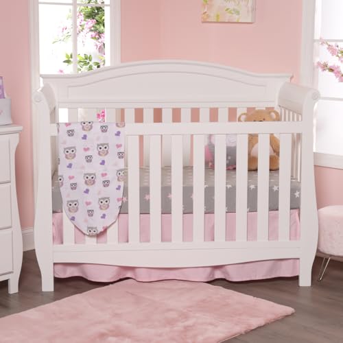 Image of 2 Pack Fitted Crib Sheets for Girls in 100% Jersey Knit Cotton - Girl's Crib Mattress Sheets with a Nature Theme of Owls with Purple and Pink Hearts and a Gray Sheet with Pink Hearts by Everyday Kids