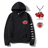 Metaparty Unisex Akatsuki Hoodie Cloud Print Hoodie, Anime Hoodie with Ninja Ring Necklace for Adults Black