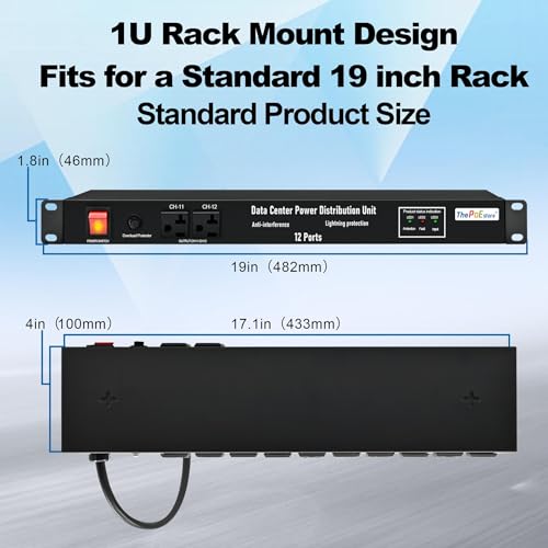 Image of 1U Horizontal PDU 19 inch Rack Mount Power Strip | Surge Protector for Network Servers, 12 NEMA 5-15R Outlet, 120V 20A, 3600 Joules 10KA, Heavy-Duty 12 AWG 16 ft Cord
