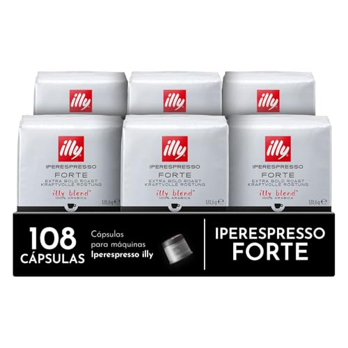 illy, Cápsulas de Café Iperespresso FORTE, 100% Arábica con un Intenso Aroma a Pan Tostado y un Sabor Final a Chocolate Negro, Sabor Fuerte, 6 Paquetes de 18 Unidades (108 Cápsulas)