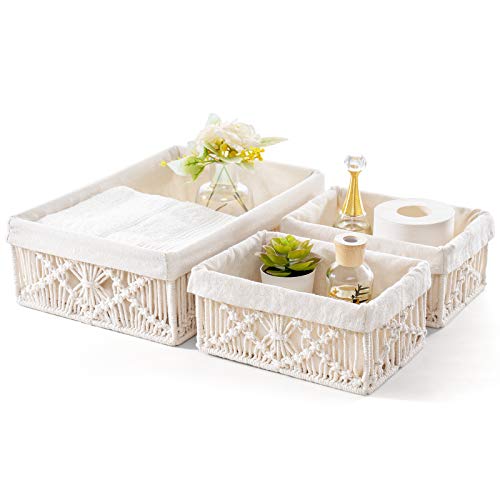 Image of Mkono Macrame Storage Baskets Decor with Removable Cloth Liner Boho Storage Bins Handmade Woven Decorative Countertop Shelf Cabinet Organizer for Bedroom Nursery Living Room, Set of 3