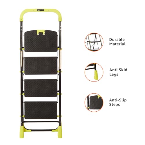 Image of Amazon Basics Dynamo - Foldable Step Ladder, Safety Clutch Lock, Anti Slip Steps, Knee Guard, Anti Skid PVC Shoes, 4 Steps (Steel, Black & Lime Green)