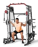 Aptliton Smith Machine Power Cage with Cable System, 2300LBS Capacity Multi-Function Squat Rack for Home Gym, Includes Pull Up Bar, T Bar, Tricep Rope & Weight Clamps, Black & Red