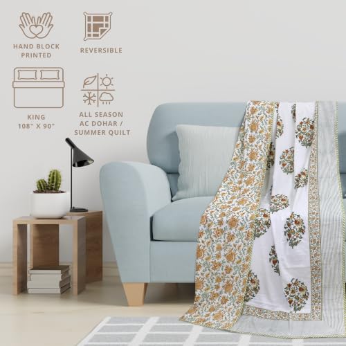 Image of TOAIArt Premium Jaipuri Dohar | AC Blanket Summer Quilt | Hand Block Printed | 3 Layers | Reversible | 150GSM 100% Mulmul Cotton | 100% Cotton Flannel Filling | King 108 inch X 90 inch|Earthy Mugal Motif
