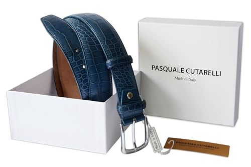 Image of Men's Italian Crocodile Embossed Leather Belt | Genuine Italian leather. Refined crocodile embossed texture. 35mm (1.38 inch) dress width. Handmade in Italy. Gift boxed.