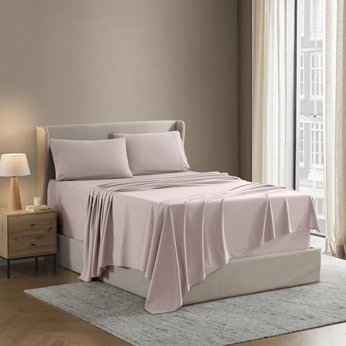 Image of Nestl Split King Bed Sheet Set - Peach Beige - 5-Piece Deep Pocket | Instantly Soft, Night-One Ready (No Wash Required). Fits 16-Inch Deep Pockets, 360-Degree Elastic Grip
