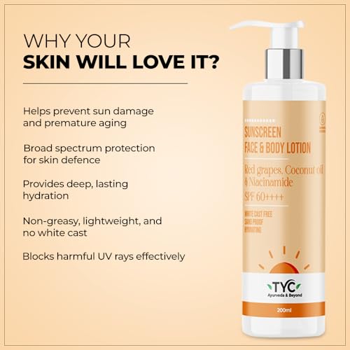 Image of TYC - TRUST YOUR CHOICE Sunscreen Spf 60++++ Face And Body Lotion, With Coconut Oil And Niacinamide, No White Cast And Sand Proof, Hydrating Ayurvedic And Natural, For All Skin Types (200 Ml)