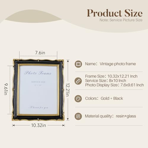8x10 Black and Gold Picture Frame Vintage Frame, Ornate Textured Hand-Crafted Resin Photo Frames with Glass Front, 8 by 10 Decorative Picture Frame for Wall & Tabletop, Antique Frame Home Decor