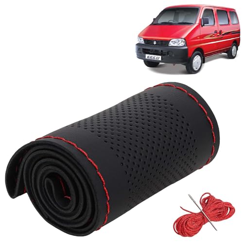 Image of KINGSWAY PU Leatherite Car Steering Cover Sewable Compatible with Maruti Suzuki Eeco (Year 2010 Onwards), Black Color with Red Thread, Pack of 1 with Sewing Needle and Thread