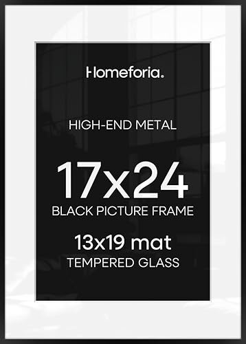 Image of Homeforia 17x24 Picture Frame Black, High End Metal 17x24 Poster Frames with Mat 13x19 for Photo, 17 x 24 Black Frame Matted to 13 x 19 inch Print, 24x17 Thin Frame, Tempered Glass, Wall Kit, Set of 1
