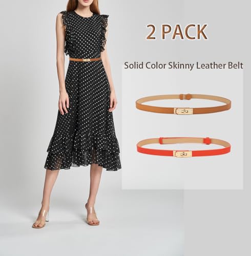 COTIM COYIN 2 Pack Women's Solid Color Skinny Leather Belt, Alloy Turn Lock Adjustable Waist Belt for Dresses Jeans3
