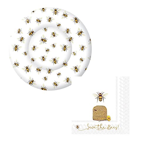 Bee Themed Party Supply Pack Bundle Includes Paper Dessert Plates Napkins for 16 People Save the Bees Design