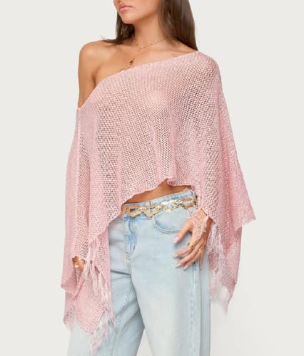 Women Sheer Poncho Top Fringed Off The Shoulder Hollow Out Knit Tops Sequin Crochet Poncho Shawl Cover Up Tops4