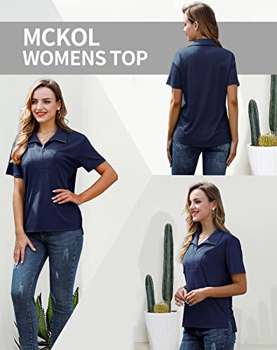 Mckol Casual Blouses For Women Fashion Women's Short Sleeve Zipper Collared Shirts Flattering Dressy Tunic Tops To Wear With Leggings Side Split Ribbed Performance Polo Golf Shirt Navy Blue Large #TOP1