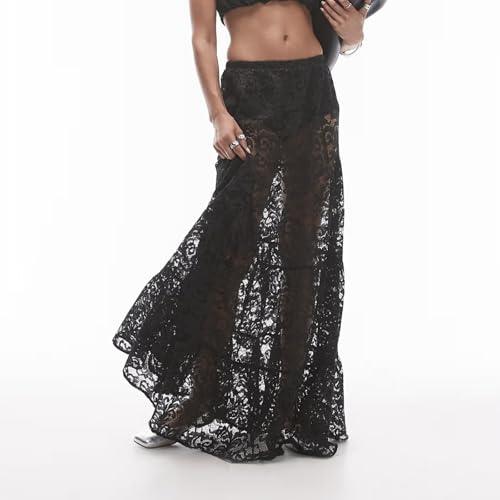 Women Y2K Fairy Grunge Maxi Skirt Sheer Lace Beach Party Cover-up