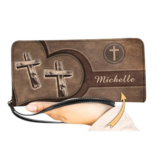 Personalized Christian Cross Women Leather Wallet, Vintage Christ God RFID Blocking Clucth Wristlet, Cute Custom Name Gift for Girls (Christian Cross), Brown
