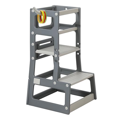 SDADI Adjustable Height Kids Kitchen Step Stool with Removable Safety Rails and Anti-Slip Protection- Toddler Standing Tower with with Ring Toss for Learning and Playing (Dark Grey and Light Grey)