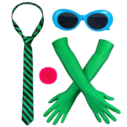 Alaxciax Oncele Costume Accessories Green Costume Accessories Stripe Tie with Blue Glasses Gloves Pink Pom-Pom for Men Women for World Book Day Book Character Dress Up Halloween Cosplay