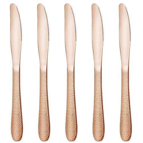 Image of 9 inch Hammered Rosegold Dinner Knives | 5-Piece Premium Stainless Steel Flatware Set of Steak Knives | Elegant Dishwasher-Safe Cutlery for Home, Restaurants, and Gifting