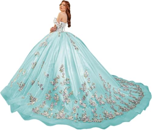 Fuomomo Vestidos de quinceañera Sweet 15 16 Vestido de Fiesta con Flores 3D y Hombros Descubiertos Vestidos de quinceañera de Encaje con Cuentas de Princesa MT031