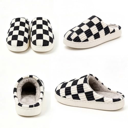 Image of Checkered Slippers for Women and Men - Fuzzy House Slippers with Memory Foam, Comfy Plush Fluffy Indoor House Shoes, Cozy Warm Slip on Bedroom Slippers with Non-Slip Sole