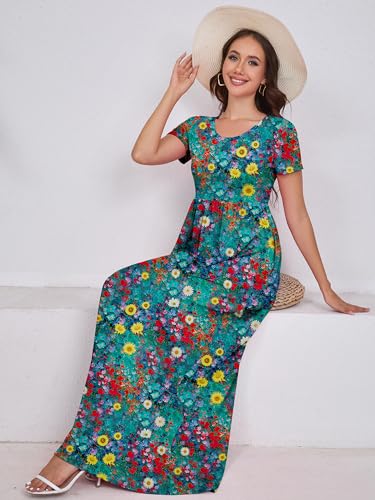 Image of DEARCASE Maxi Dress for Women Short Sleeve Casual Summer Loose Plain Comfy Long Dresses with Pockets