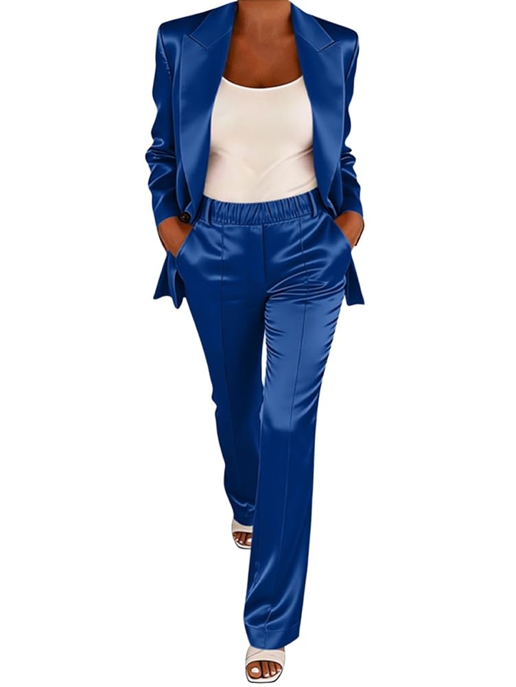 shownicer Hosenanzug Damen Festlich Elegant Satin Hochzeitsgast 2 Stück Outfits Anzug Set Revers Büro Anzugjacke Blazer und Hose Zweiteiler